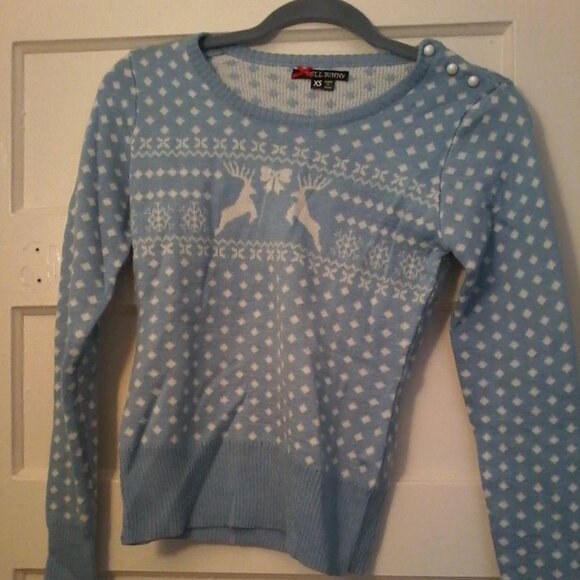 Hell Bunny Sweaters - Hell Bunny Belle Sweater sky blue reindeer